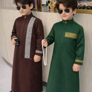 Luxury boys kaftan set with detailed embroidery and structured collar.