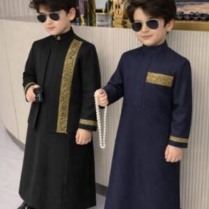 Luxury boys kaftan set with detailed embroidery and structured collar.