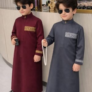 Luxury boys kaftan set with detailed embroidery and structured collar.