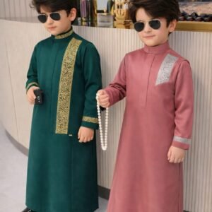Luxury boys kaftan set with detailed embroidery and structured collar.