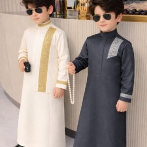 Luxury boys kaftan set with detailed embroidery and structured collar.
