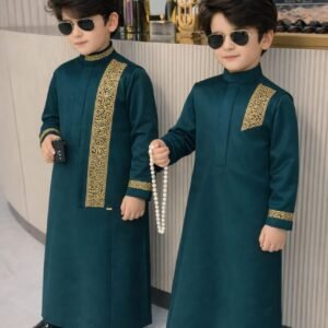 Luxury boys kaftan set with detailed embroidery and structured collar.