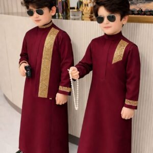 Luxury boys kaftan set with detailed embroidery and structured collar.