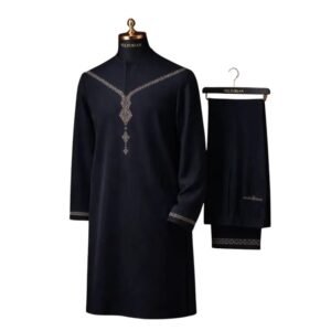 The Consular General™ by Mom's Effort – premium black embroidered men's native wear featuring an exclusive geometric chest embroidery, embroidered cuffs, and matching tailored trousers.