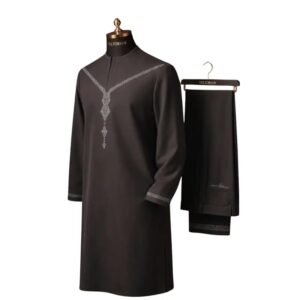 The Consular General™ by Mom's Effort – premium black embroidered men's native wear featuring an exclusive geometric chest embroidery, embroidered cuffs, and matching tailored trousers.