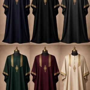 Sovereign Monarch™ Luxury Men's Kaftan Set featuring premium silk-feel fabric with elegant gold embroidery in Midnight Navy, Imperial Black, Charcoal Grey, Emerald Green, Royal Burgundy, and Royal Cream.